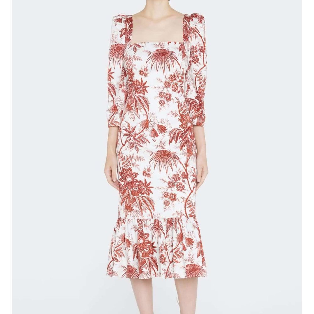 Cara Cara Busy Red Jacobean Toile Floral Print Midi Dress Cotton Smocked Tier 2